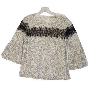 Loft Lacey Top Women XS Black White 3/4 Bell Sleeves